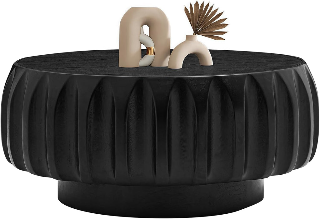 LKTART 31.5' Drum Coffee Table Modern Round Coffee Table Wood Fluted Centry Table with Solid Wood Veneer for Living Room, Easy Assemble, Black