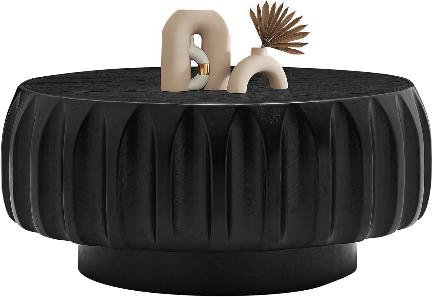 LKTART 31.5' Drum Coffee Table Modern Round Coffee Table Wood Fluted Centry Table with Solid Wood Veneer for Living Room, Easy Assemble, Black