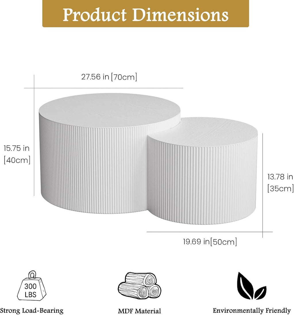 Round Coffee Table Set of 2 Modern Nesting Coffee Tables Wooden Drum Coffee Tables with Non-Slip Feet, Circle Nesting Tables End Table for Living Room Office, No Assembly (Cream 27.56'+19.69')