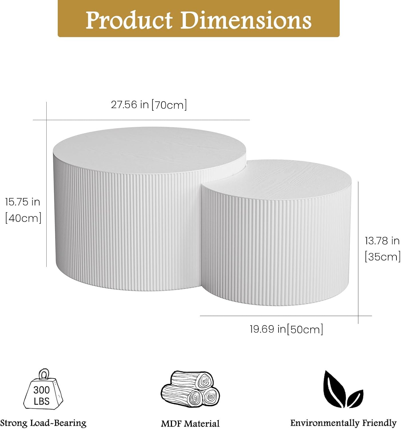 Round Coffee Table Set of 2 Modern Nesting Coffee Tables Wooden Drum Coffee Tables with Non-Slip Feet, Circle Nesting Tables End Table for Living Room Office, No Assembly (Cream 27.56'+19.69')