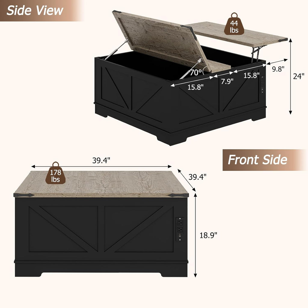 EAG 40' Large Farmhouse Lift Top Coffee Table with Hidden Compartment & Power Outlets, Square Wooden Coffee Table with Multi-Function Flip-Top Ample Storage Center Table for Living Room, Black