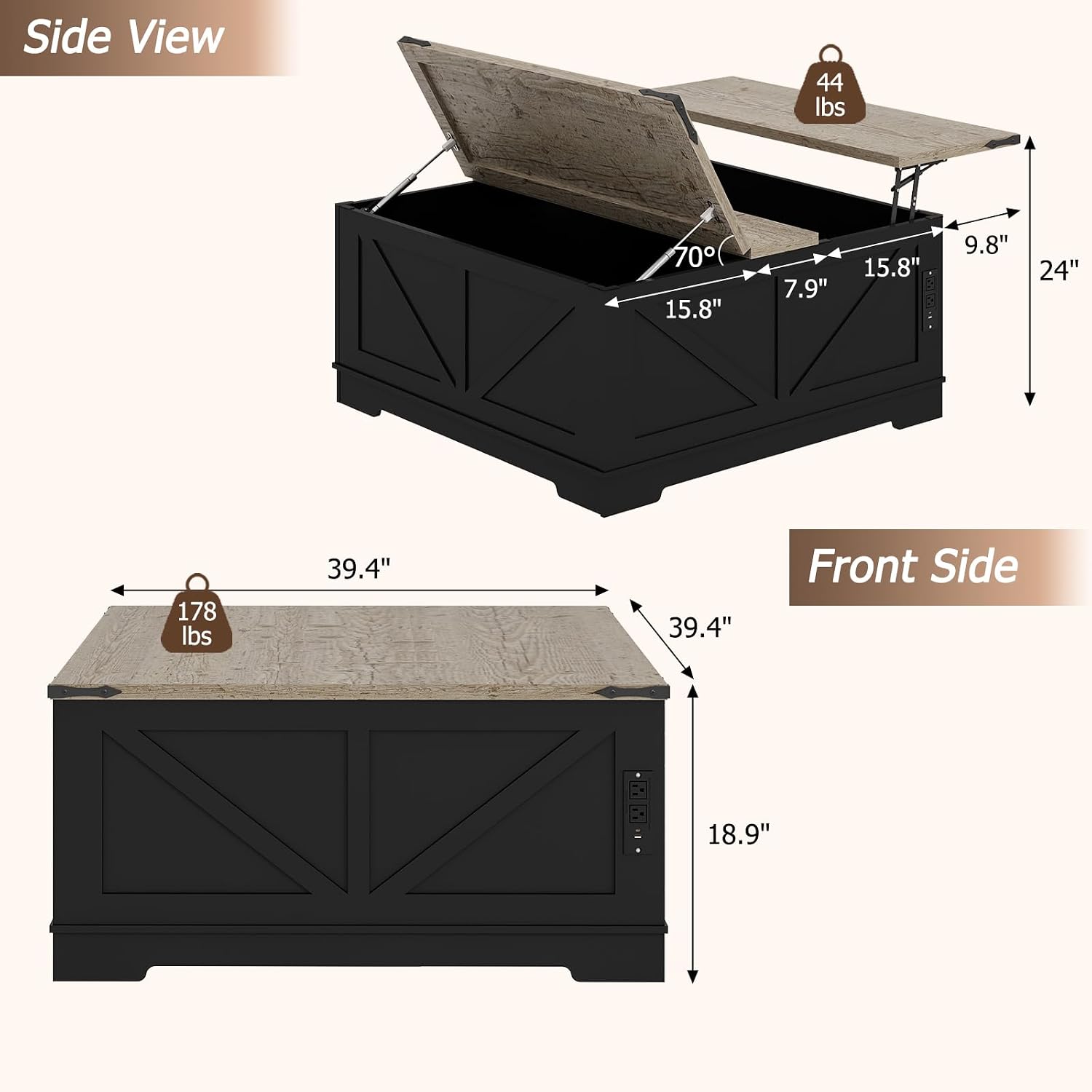 EAG 40' Large Farmhouse Lift Top Coffee Table with Hidden Compartment & Power Outlets, Square Wooden Coffee Table with Multi-Function Flip-Top Ample Storage Center Table for Living Room, Black