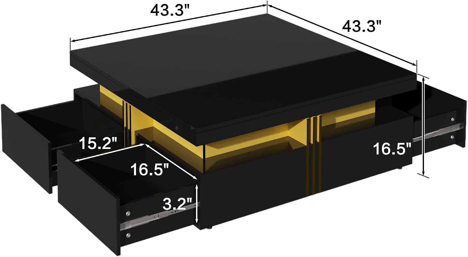 Merax 43.3' Modern Glossy Square Storage Coffee Table with 4 Drawers, Gold Accents, Functional Center Tables for Living Room Apartment, Glossy Black