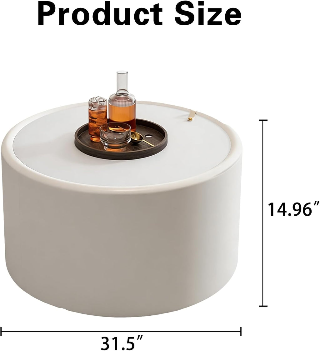 White Round Coffee Table with Hidden Storage, 27.56' Drum Coffee Table with Tempered Glass Top and PU Leather Body, Circle Cocktail Tea Table for Living Room, No Assemble