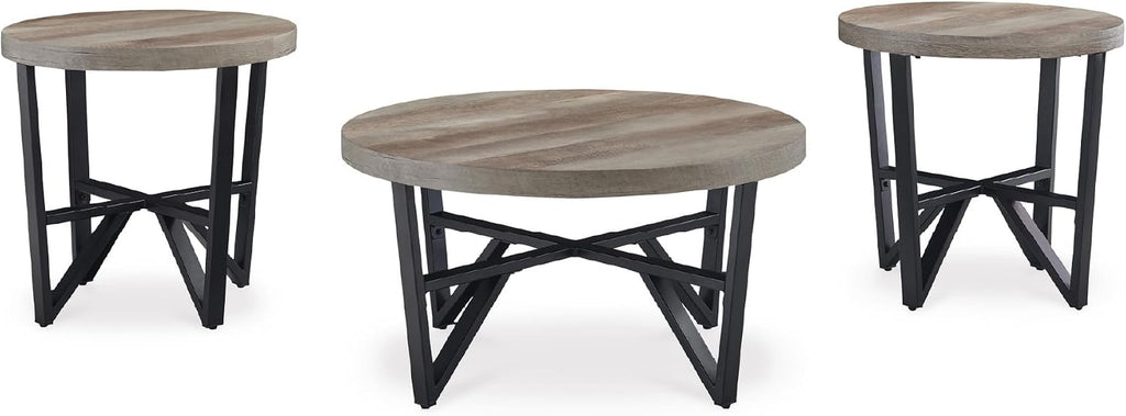 Signature Design by Ashley Deanlee Contemporary Table Set with Metal Frame, Set of 3, Light Brown & Black