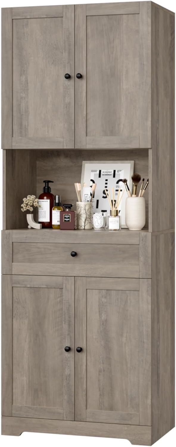 Tall Bathroom Storage Cabinets with Drawer, Farmhouse Linen Cabinet with Doors & Shelves, 67' Tall Storage Cabinet Freestanding for Bathroom, Dining Room, Kitchen, Pantry, Laundry, Narrow Corner,Brown