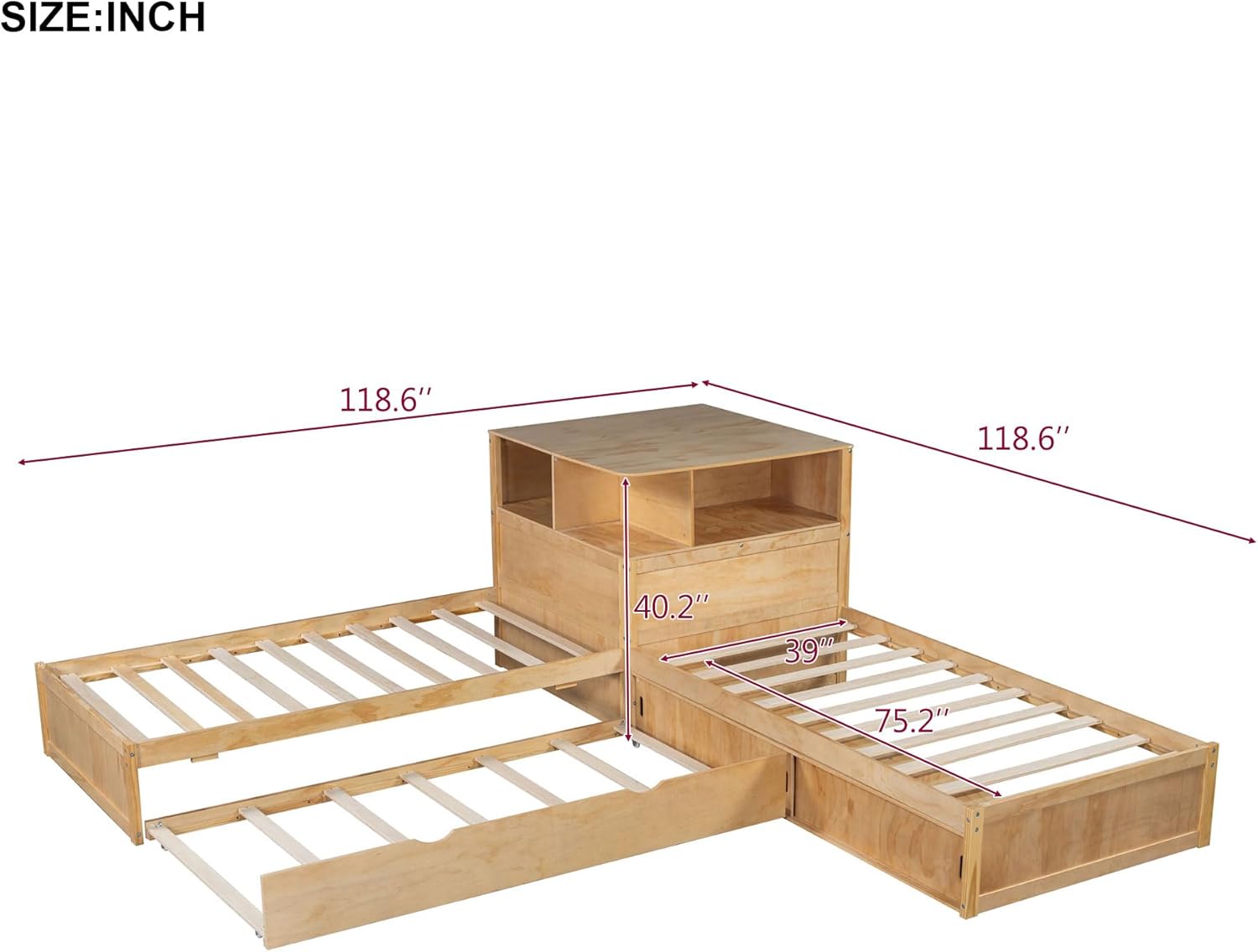 RuiSiSi Twin L-Shaped Bed with Trundle, LED Light & Storage Cabinets, Corner Bed with Frame Desk and Shelves for 3 Kids, Wood L-Shaped Platform Bed with Bookcase, Natural