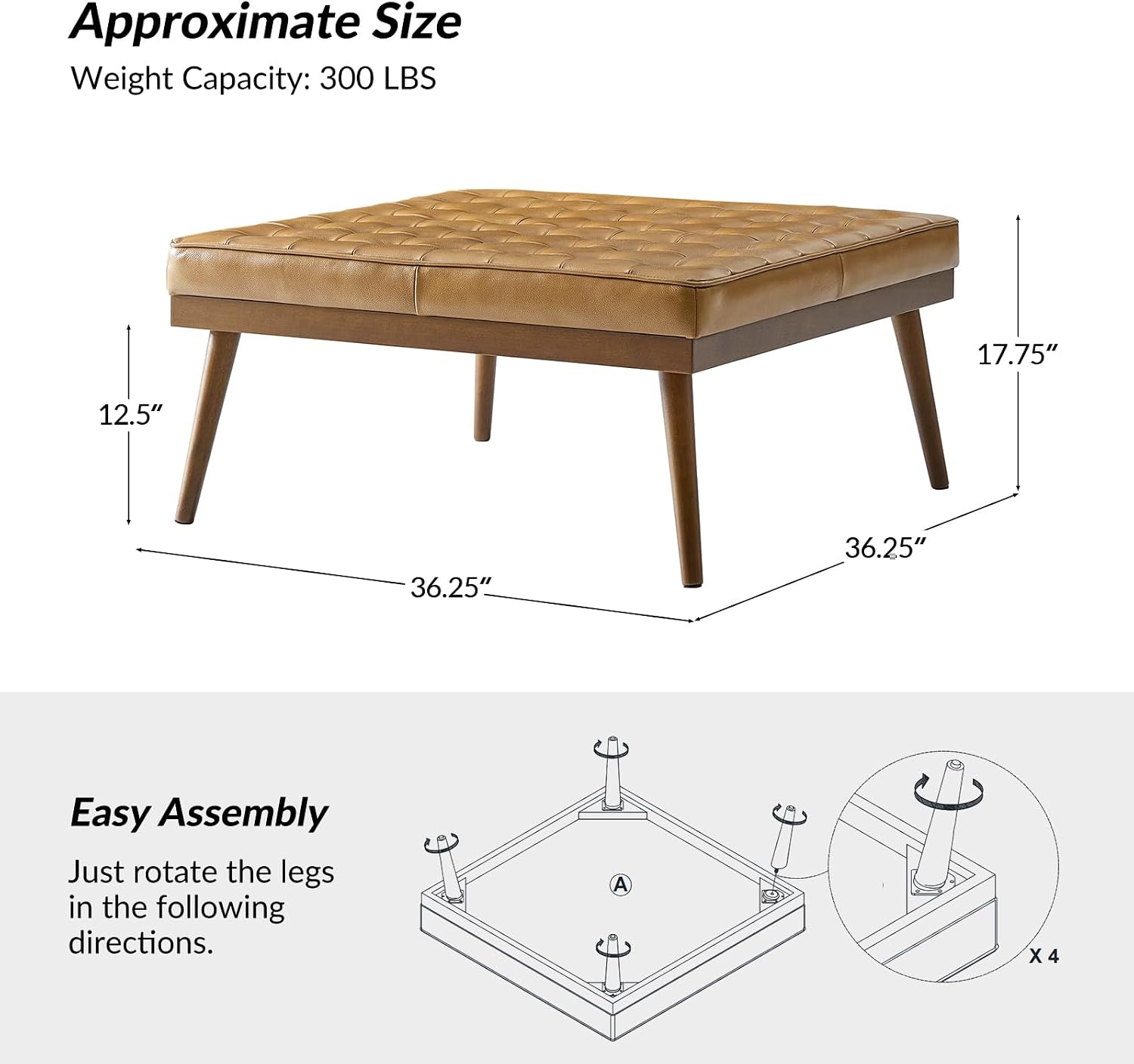 HULALA HOME Genuine Leather Square Coffee Table, Button Tufted Upholstered Ottoman Coffee Table with Solid Wooden Flared Legs, Mid-Century Modern Extra Seating for Living Room, Camel
