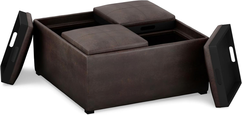 SIMPLIHOME Avalon Wide Contemporary Square Coffee Table Storage Ottoman, Distressed Brown, Table Ottoman