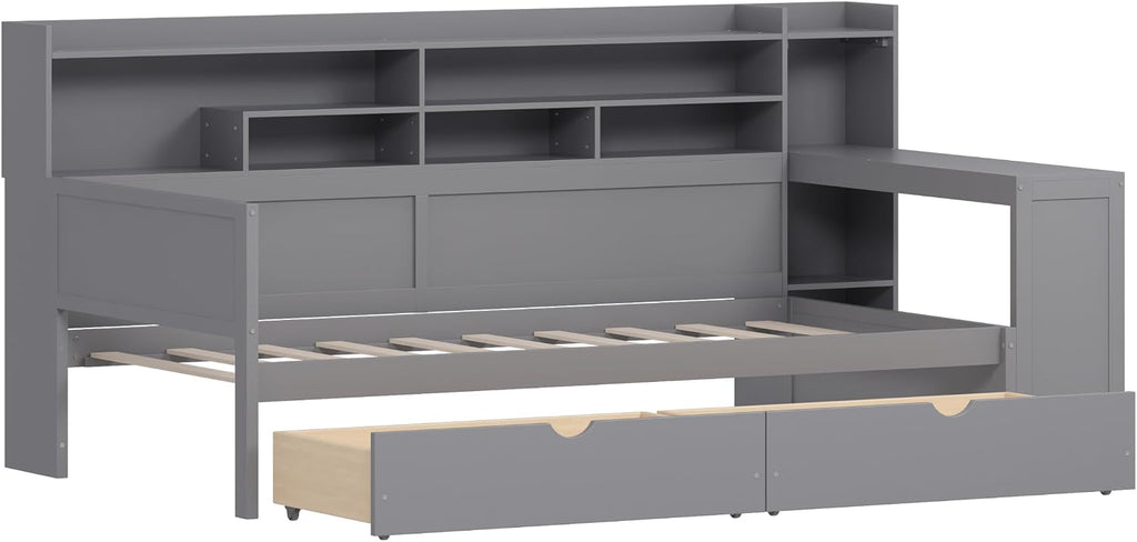 LUMISOL Twin Size Daybed with Storage Drawers, Corner Bed with Bookcase Headboard, Storage Shelves & Study Desk, Solid Wood Bed Frame for Kids, Teens & Adults, Grey