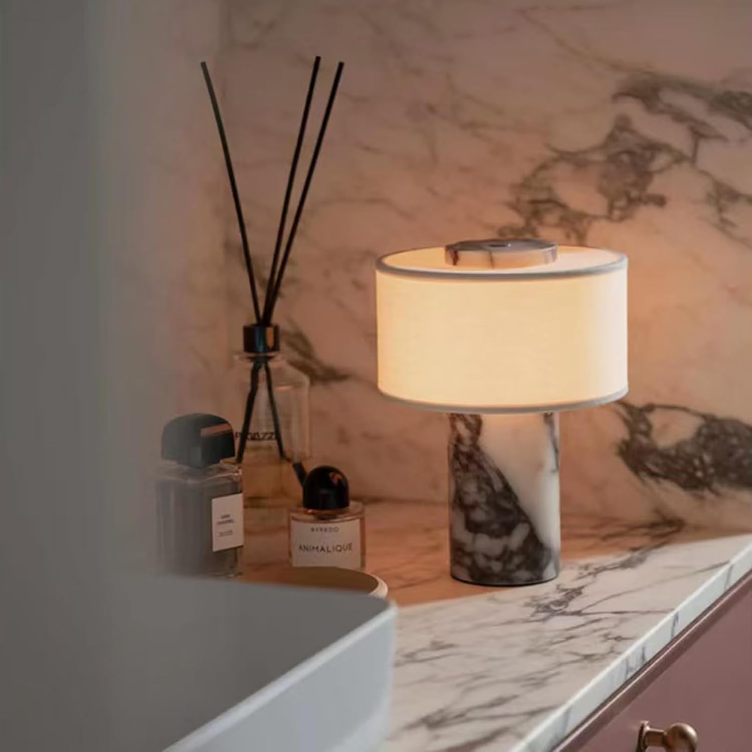 Marble Luxury Stone Rechargeable Touch Table Lamp, Cylindrical Shape, Linen Cloth Fiber Lampshade, High-End and Light Luxury, Bedroom Bedside Table Night Light, Black and White