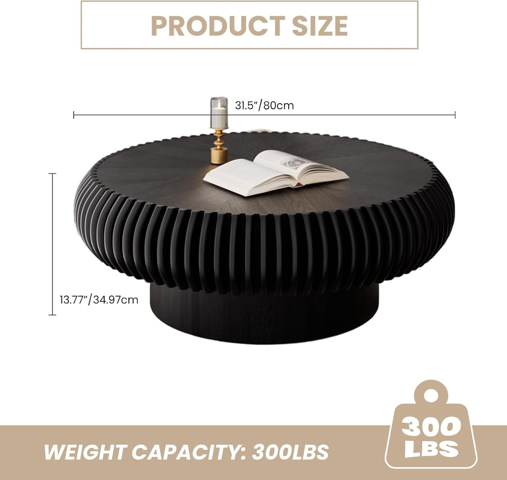 Fluted Drum Coffee Table Round Coffee Table for Living Room Mid Century Modern Coffee Tables with Sturdy Pedestal Circle Center Tea Table Accent Tea Table for Small Space Apartment (31.5' Black)