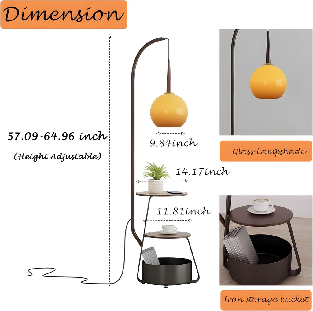Bofea-Modern Orange Floor Lamp for Living Room,Mid Century Tall Lamps with Tea Table & Storage Bucket,Fishing Standing Lamp with Glass Lampshade,Mid Century Floor Lamp for Bedroom Corner.
