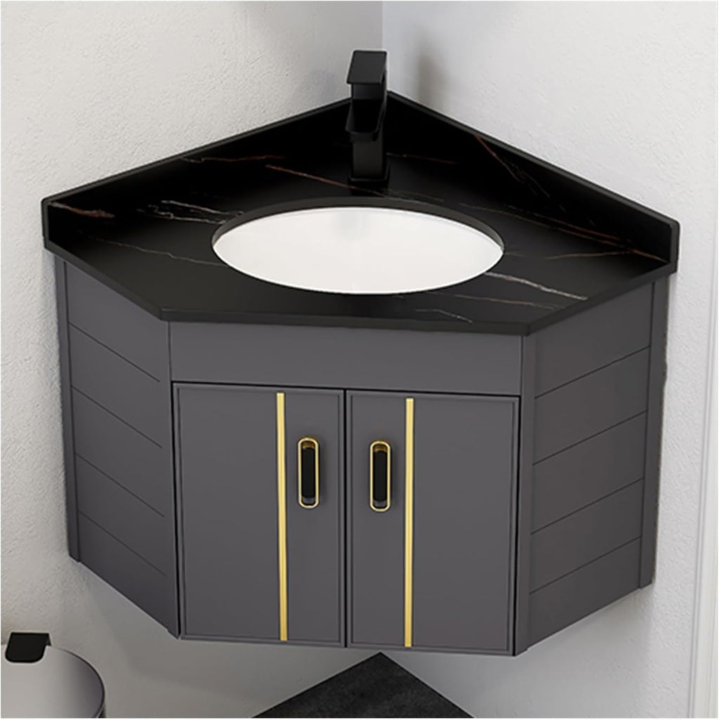 Bathroom Vanity Cabinet,Small Wall Mount Corner Sink,Bathroom Vanity w/Rock Board Top,Bathroom Ceramic Triangle Wall Mounted Mini Vanity Space Sink with Soft-Close System and Black Faucet(Black)