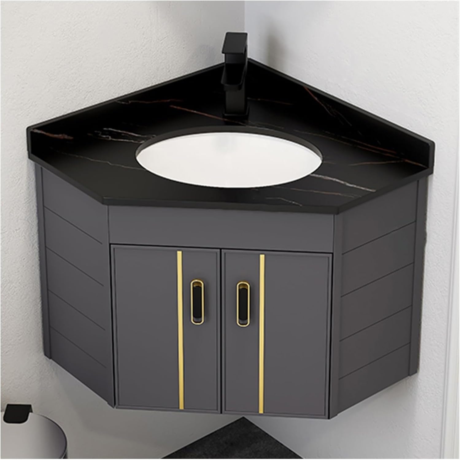 Bathroom Vanity Cabinet,Small Wall Mount Corner Sink,Bathroom Vanity w/Rock Board Top,Bathroom Ceramic Triangle Wall Mounted Mini Vanity Space Sink with Soft-Close System and Black Faucet(Black)