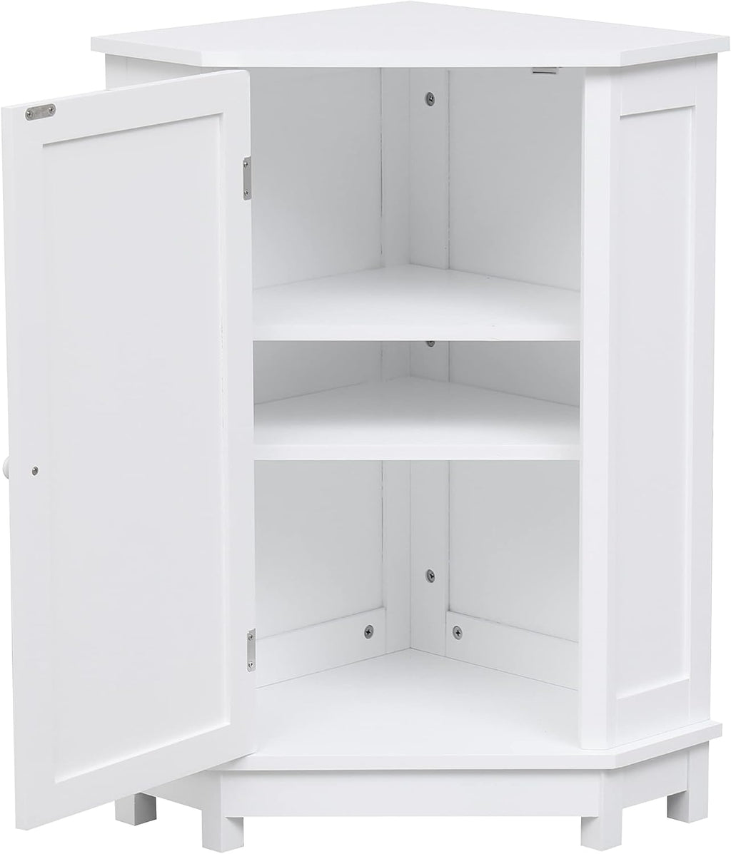 Home Corner Storage Cabinet, Bathroom Triangle Floor Cabinet, Wood Freestanding Corner Cabinet with Single Door and Shelves (White)