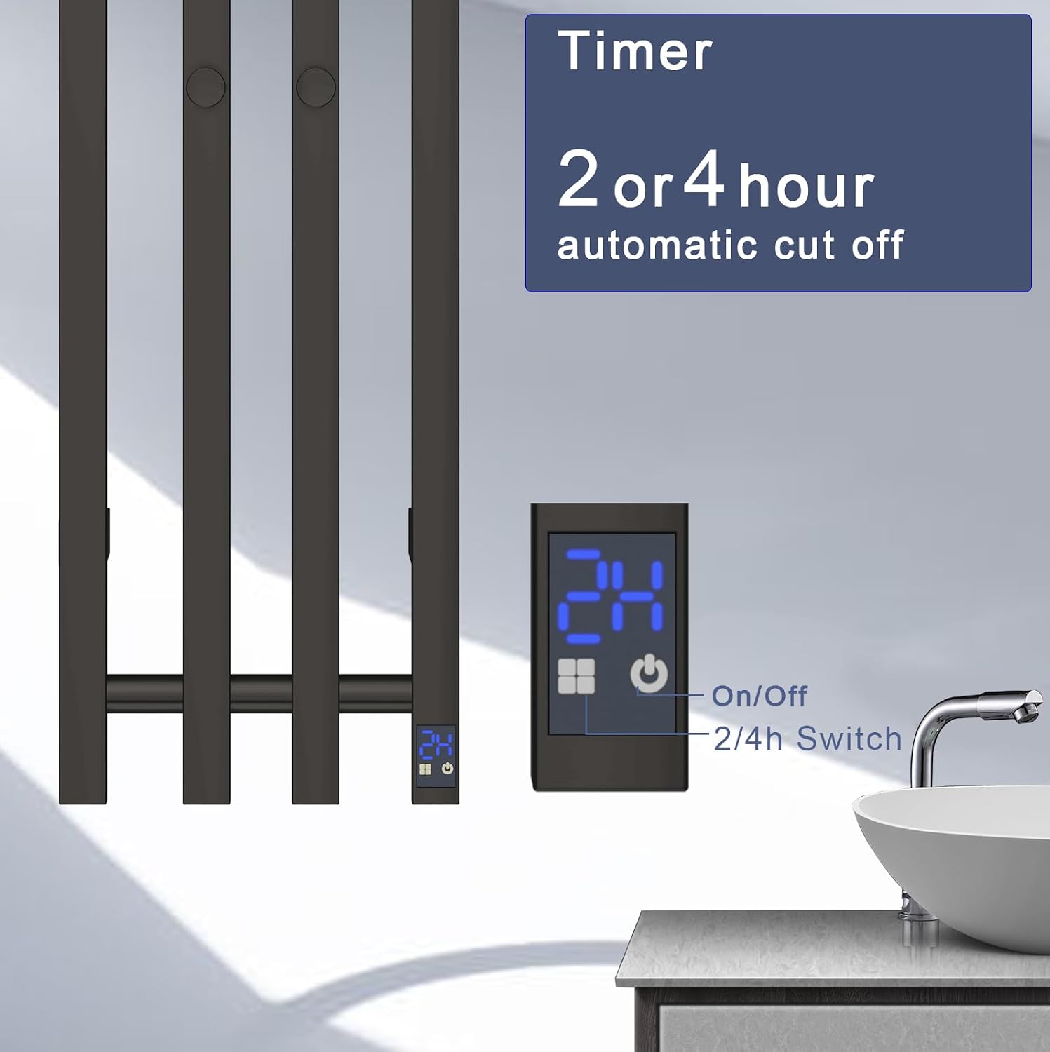 Electric Heated Towel Rack Warmer, Wall Mounted Towel Warmer, 304 Stainless Steel, 37.4 x 11.8 x 4.2 Inches, 4 Vertical Square Bars with Timer (Black)