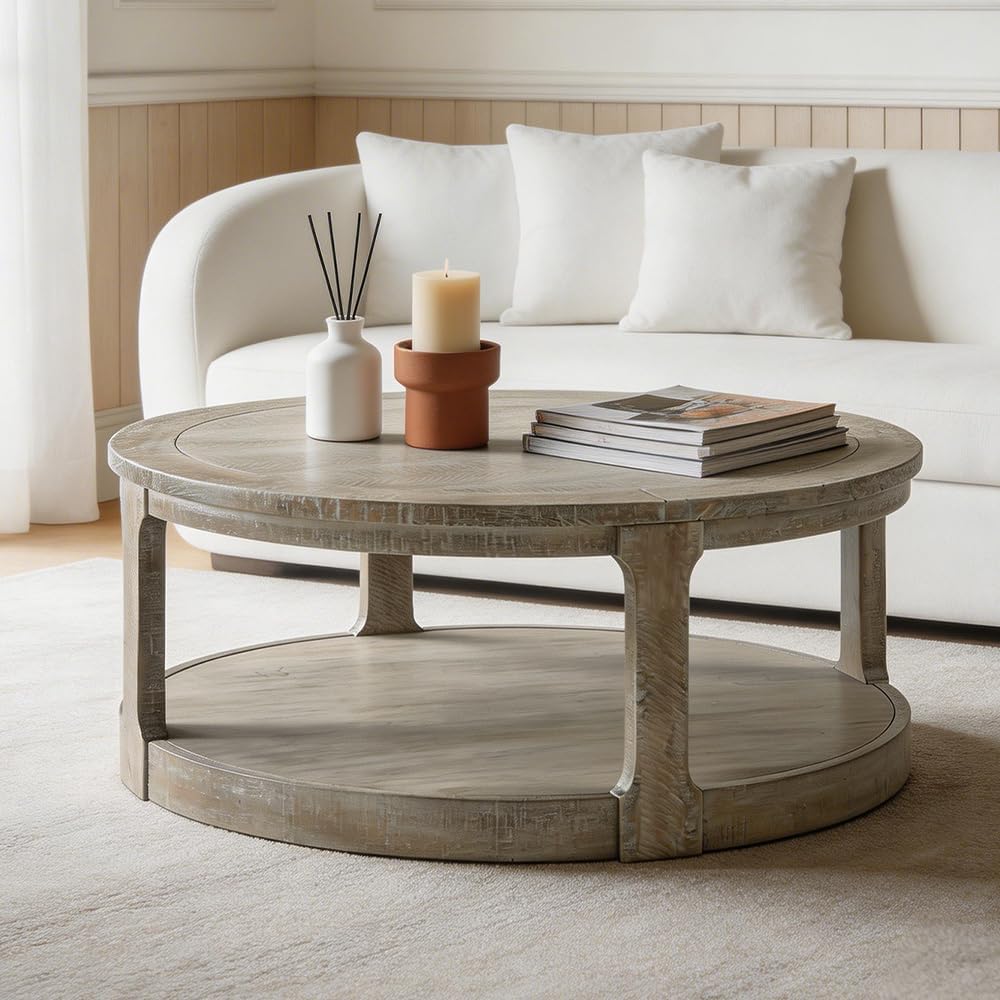 WILLIAMSPACE 40' Round Coffee Table with Wheels, Circle 2 Tier Solid Wood Center Coffee Table, Mid Century Retro Farmhouse Rounded End Table for Living Room Apartment, ø40 x 17.52' H (Light Brown)