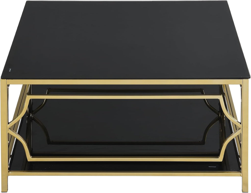 Merax 33.5' Square Glass Coffee Table, Luxurious Geometric Metal Frame, Gold Finish & Lower Shelf, for Living Room Apartment, Black