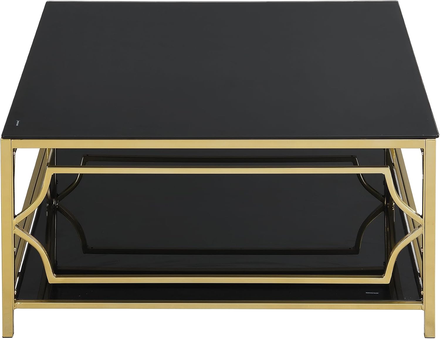 Merax 33.5' Square Glass Coffee Table, Luxurious Geometric Metal Frame, Gold Finish & Lower Shelf, for Living Room Apartment, Black