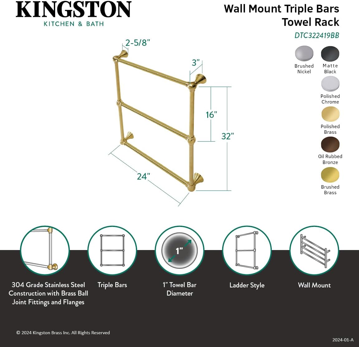 Kingston Brass DTC322419CP Maximilien Wall Mount -Towel Rack, Polished Chrome