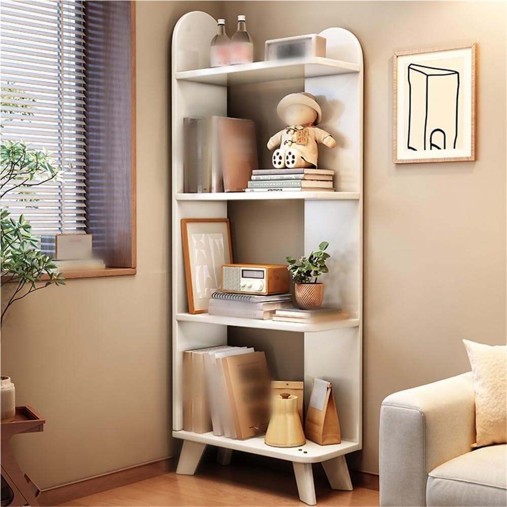 Solid Wood Floor-Standing Storage Rack, Modern Minimalist Storage Shelf, Corner Storage Rack, Corner Bookcase for Bedroom, Living Room(White)