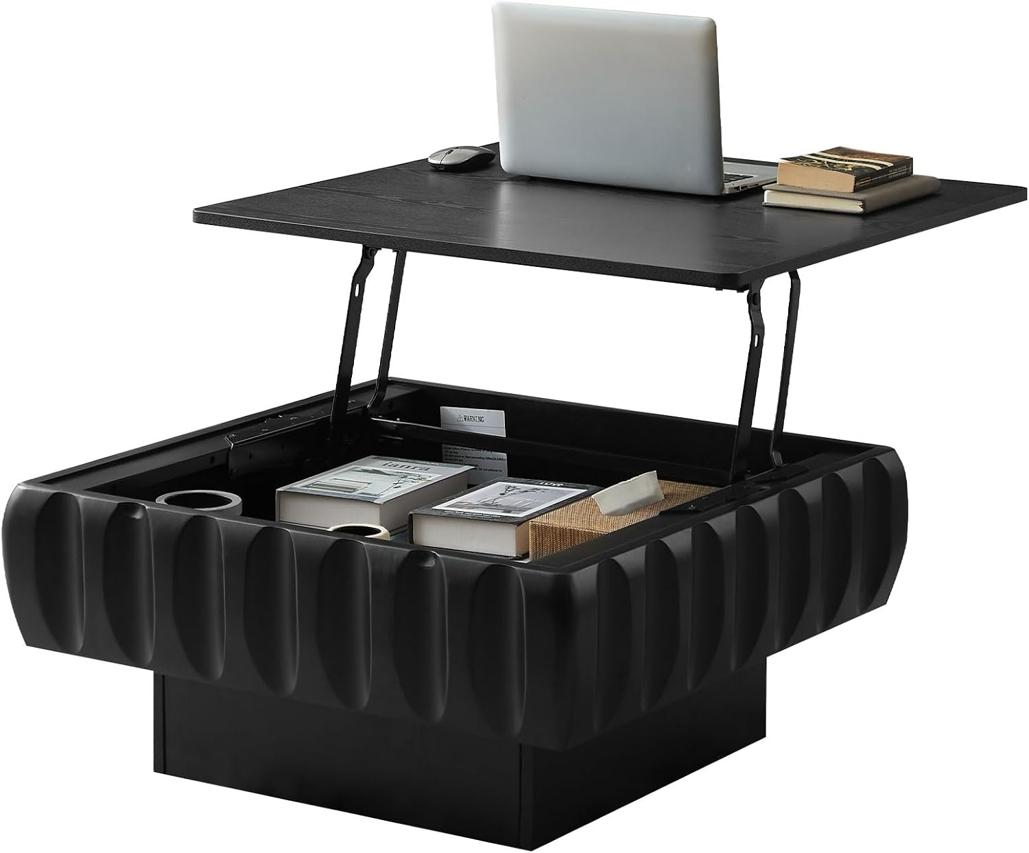 LKTART 31' Lift Top Coffee Table for Living Room, Fluted Coffee Table with Hidden Storage Compartment, Mid Century Modern Solid Wood Veneer Square Center Table for Office Apartment Small Space, Black