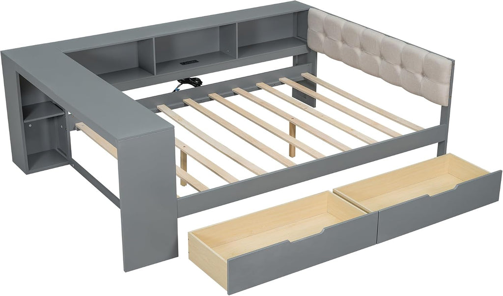 Bellemave Full Size Corner Bed Frame with Storage Drawers and Desk,Captain Daybed with L-Shaped Bookcase,Corner Bed Frame Full Size with Charging Station for Kids,Teens,Guests,Gray