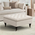Square Storage Ottoman Coffee Table Tufted Upholstered Large Ottoman with Storage and Rolling Wheels Oversized Footrest Ottomans for Living Room, Beige Linen