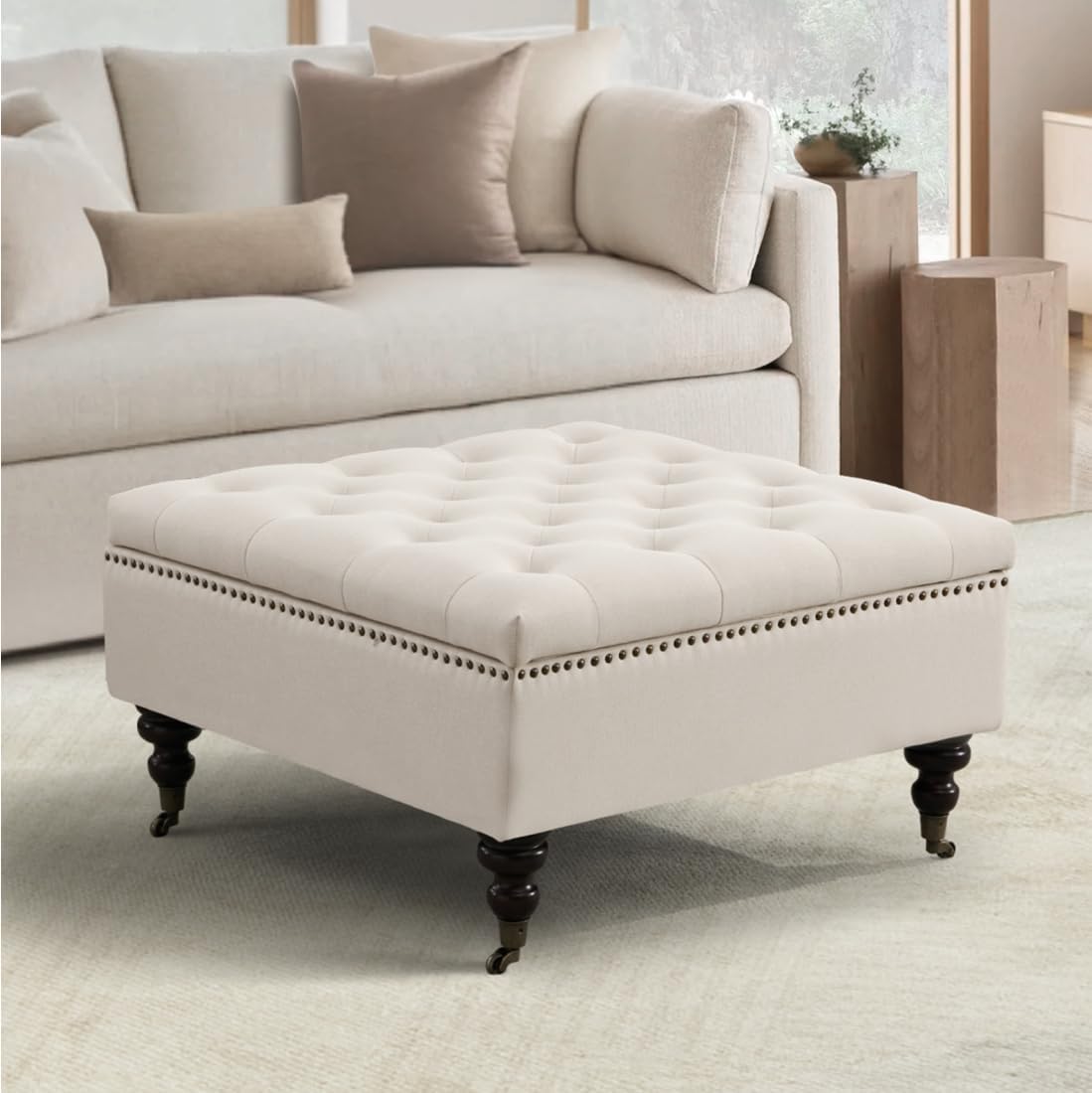 Square Storage Ottoman Coffee Table Tufted Upholstered Large Ottoman with Storage and Rolling Wheels Oversized Footrest Ottomans for Living Room, Beige Linen