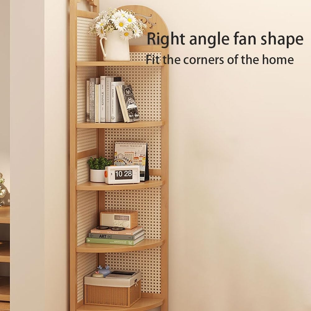 5 Tier Rattan Corner Shelf, Standing Shelf Organizer, Freestanding Corner Bookshelf, Bamboo Plant Stand, Balcony Decorations for Apartment, Wall Corner, Living Room, Bedroom(Natural)