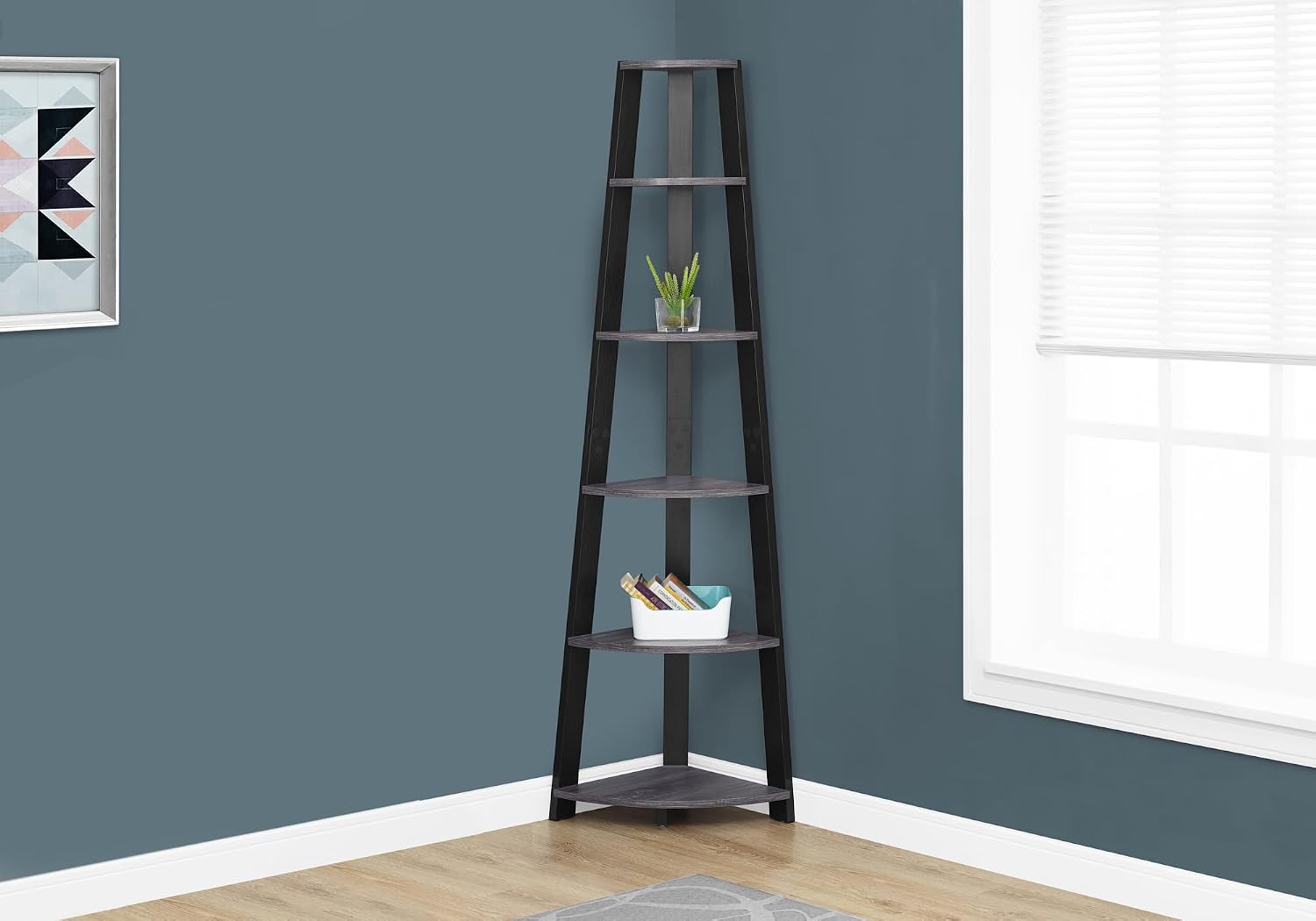 Bookshelf, Bookcase, Etagere, Corner, 5 Tier, 72' h, Office, Bedroom, Grey and Black Laminate,