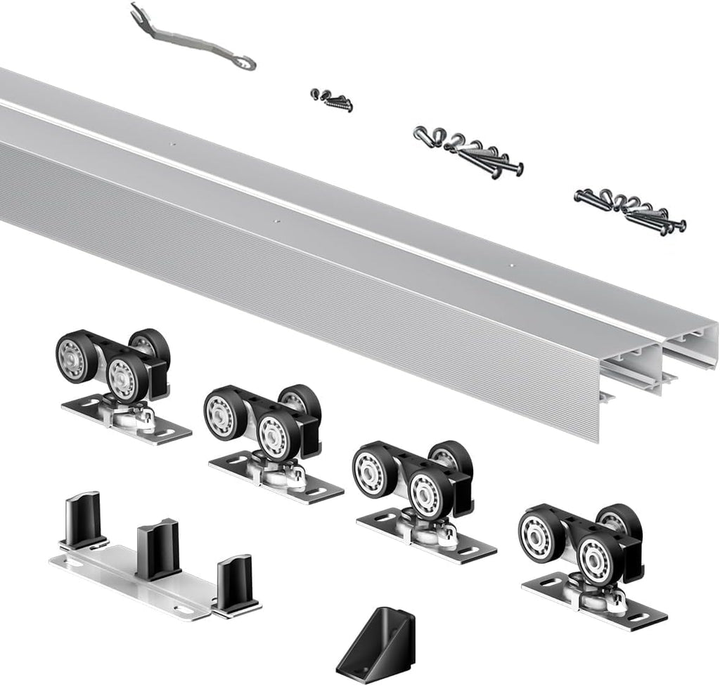 Heavy Duty Bypass Sliding Closet Door Track Hardware 96', 8 FT Aluminium Pocket Track Rail Set, Smoothly and Quietly, for 2 Door System,Silver