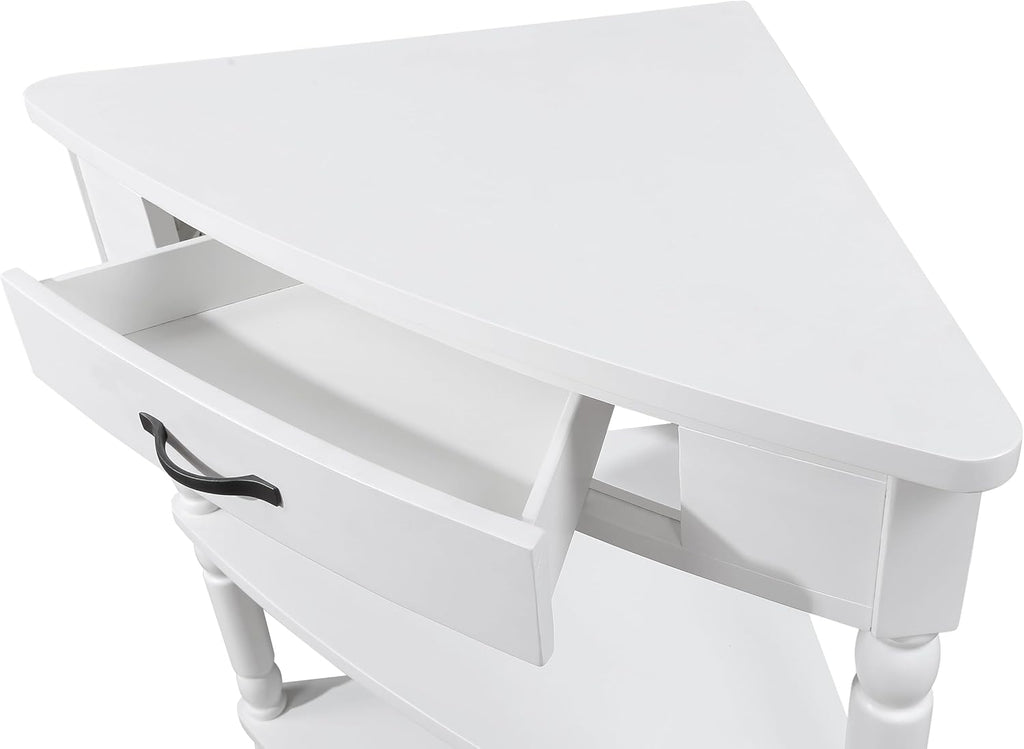 GDFStudio Trmxmbi 3 Tier Corner Console Table with 1 Storage Drawers and Shelves, 33.8'' Rustic Wood Triangle Sofa End Table for Small Spaces, Solid Wood Legs, Milk White