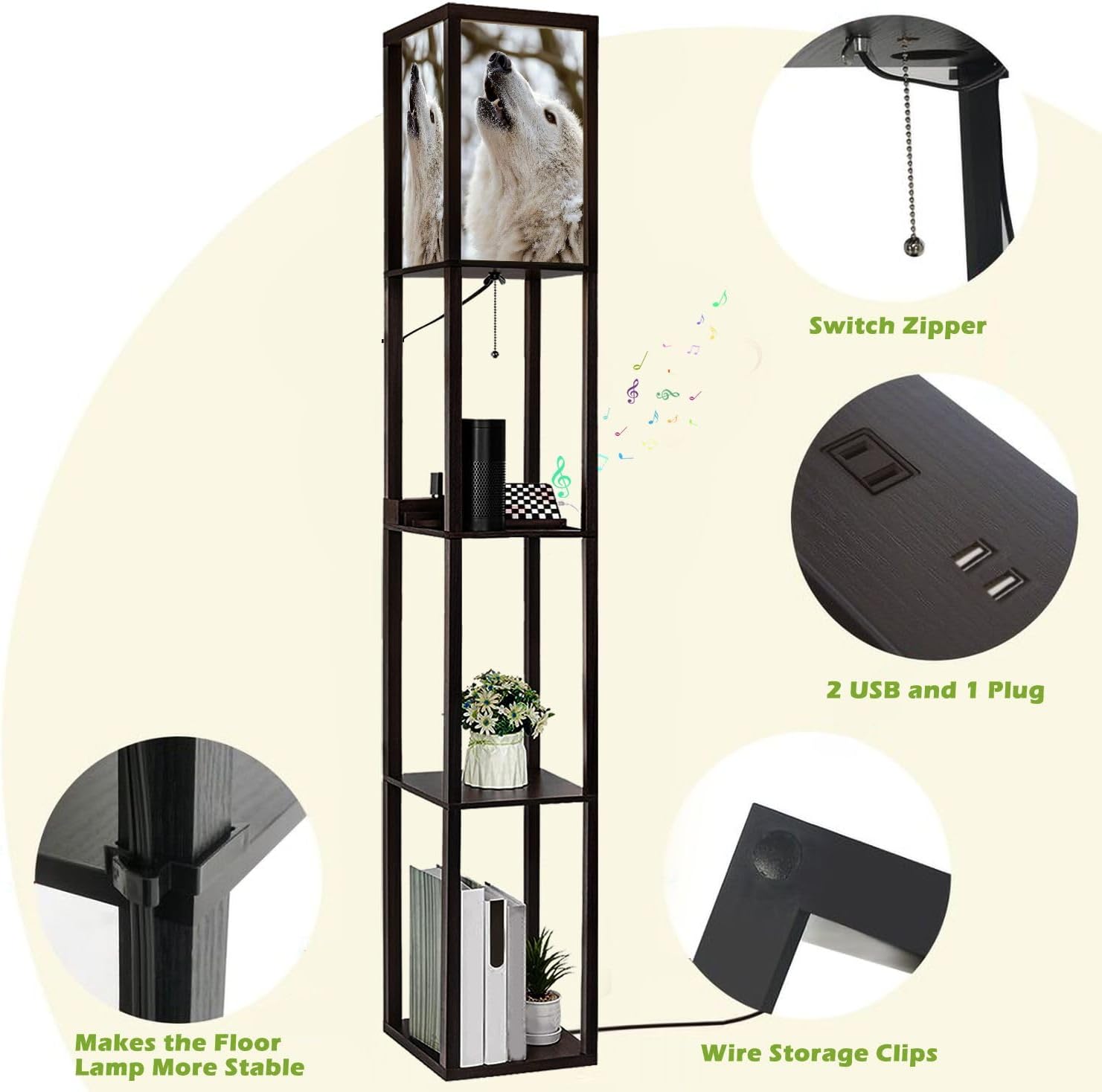 Floor Lamp with Shelves Howling Lupus hudsonicus Standing Tall Lamp USB Ports & Power Outlet Modern Corner Lamp Nightstand Light for Living Room Bedroom