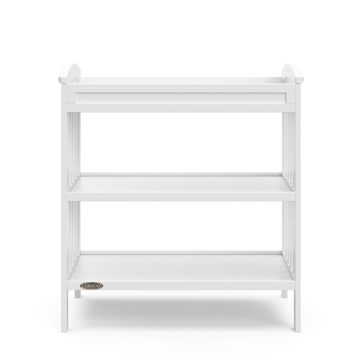 Graco Benton Changing Table with Bonus Water-Resistant Changing Pad (White) - GREENGUARD Gold Certified, Includes Diaper Change Pad with Safety Strap, 2 Open Storage Shelves for Organizing