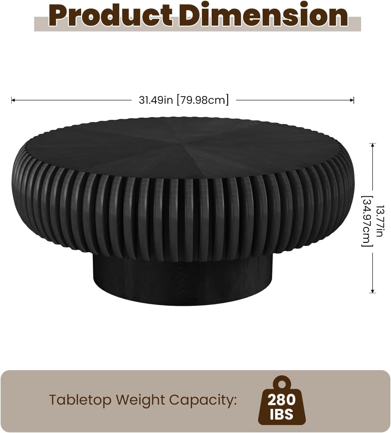 31.5' Drum Coffee Table Modern Unique Fluted Tea Table Contemporary Wood Round Coffee Table with Fluted Centry Table for Living Room Walnut (31.5' Black)