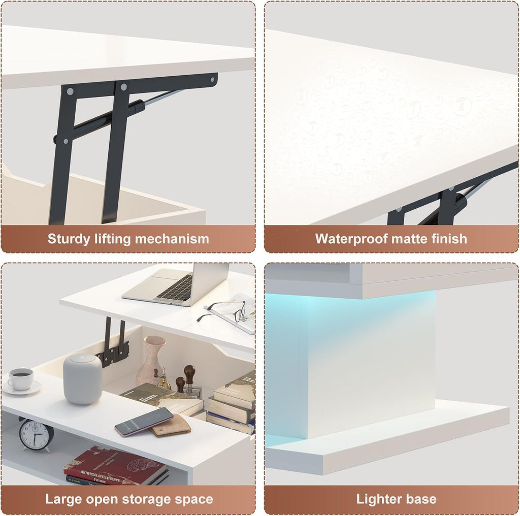 Square Lift Top Coffee Table with Storage, White Led Coffee Table for Living Room with Large Hidden Storage, 30.7' Wood Table Led Center Table for Dining Reception Room