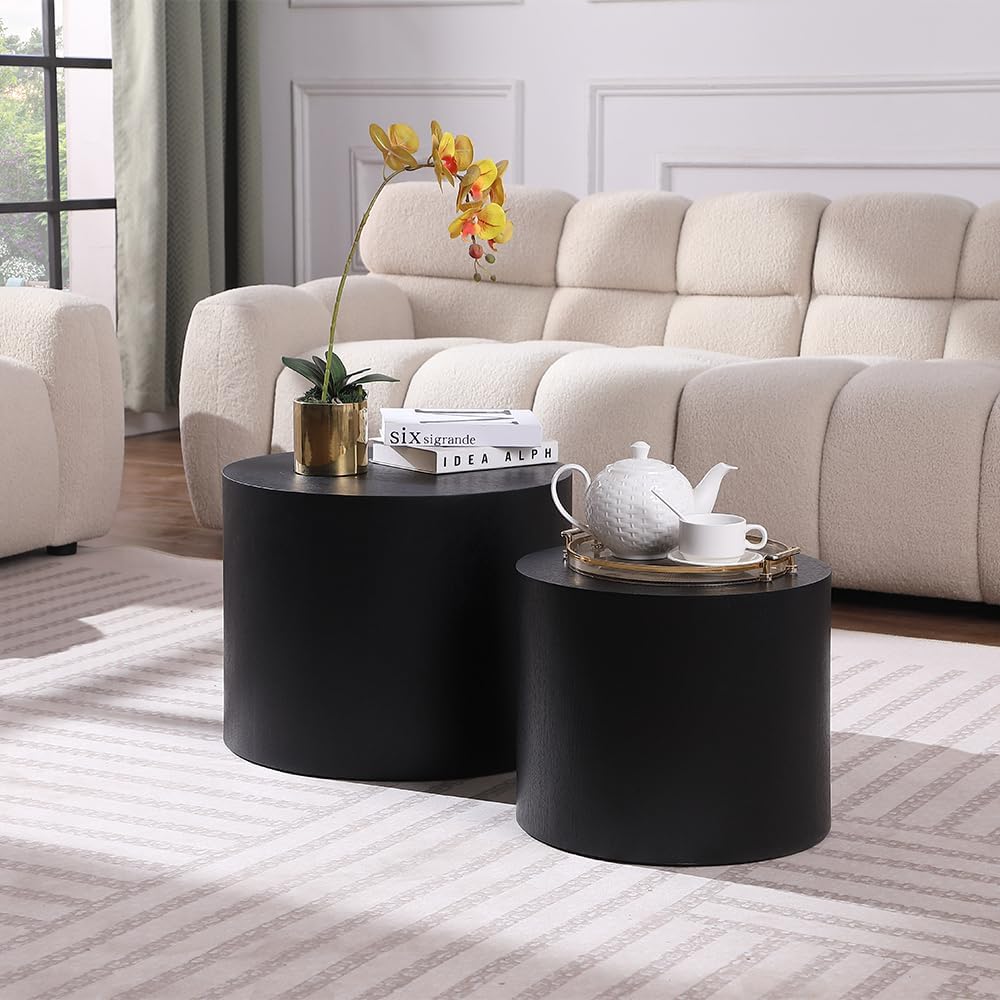 WILLIAMSPACE 18.9' Black Nesting Coffee Table Set of 2, Modern Round Coffee Tables Circle Side Table for Small Space, Accent End Table Set, No Assembling, Matte Black