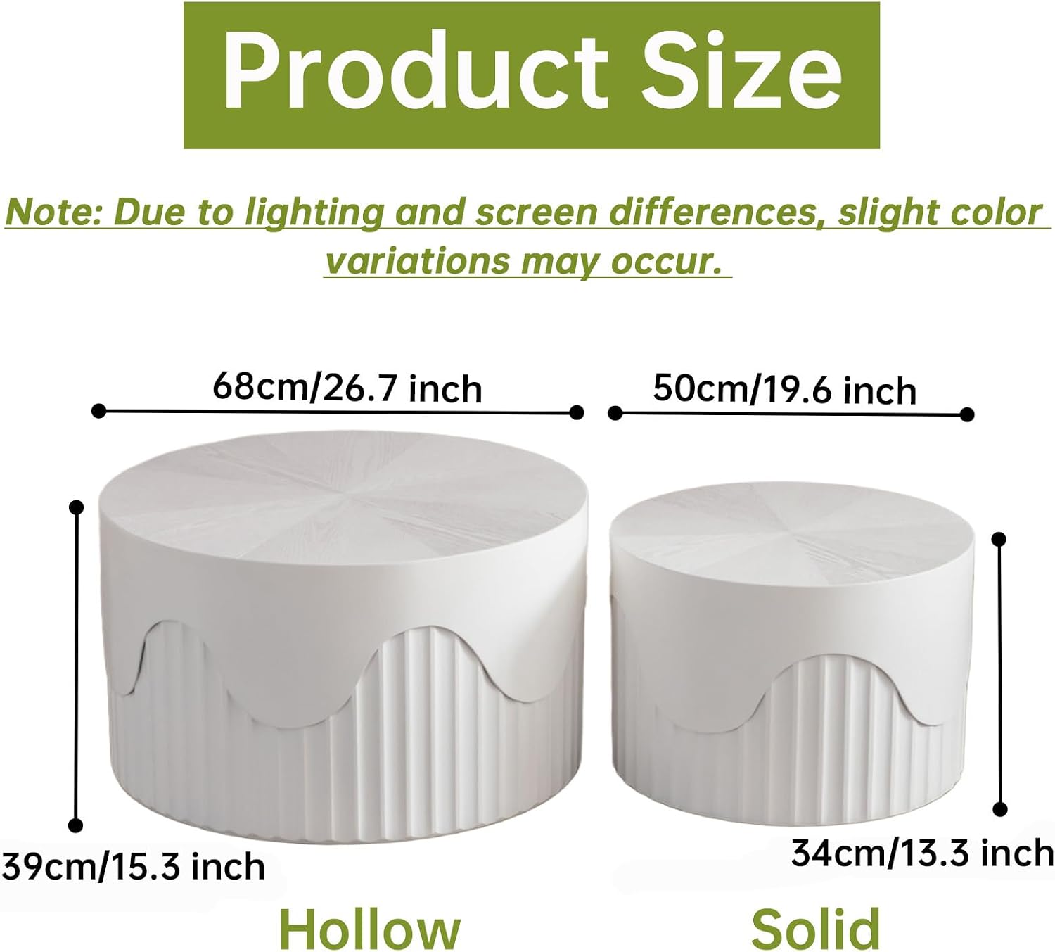 Round Nesting Coffee Table Modern White Fluted Coffee Table Set of 2 Stripe Round Coffee Tables Drum Crescent Side Table Accent End Table for Living Room (White C Large)
