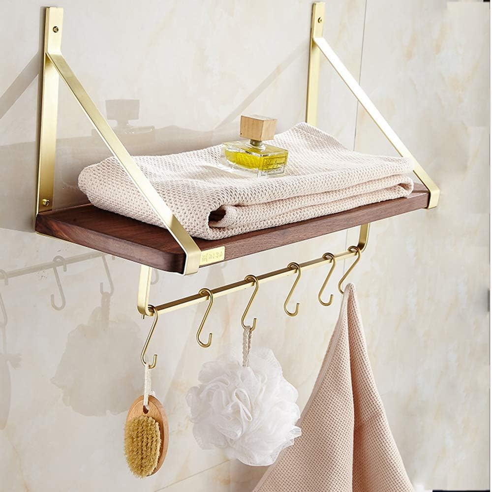 Wall Mounted Towel Racks Made of Premium Brass and Wood, Bathroom Shelf with Towel Bar Rod Hooks, Multifunction Towel Bars Hotel Style, for Bathroom Hotel