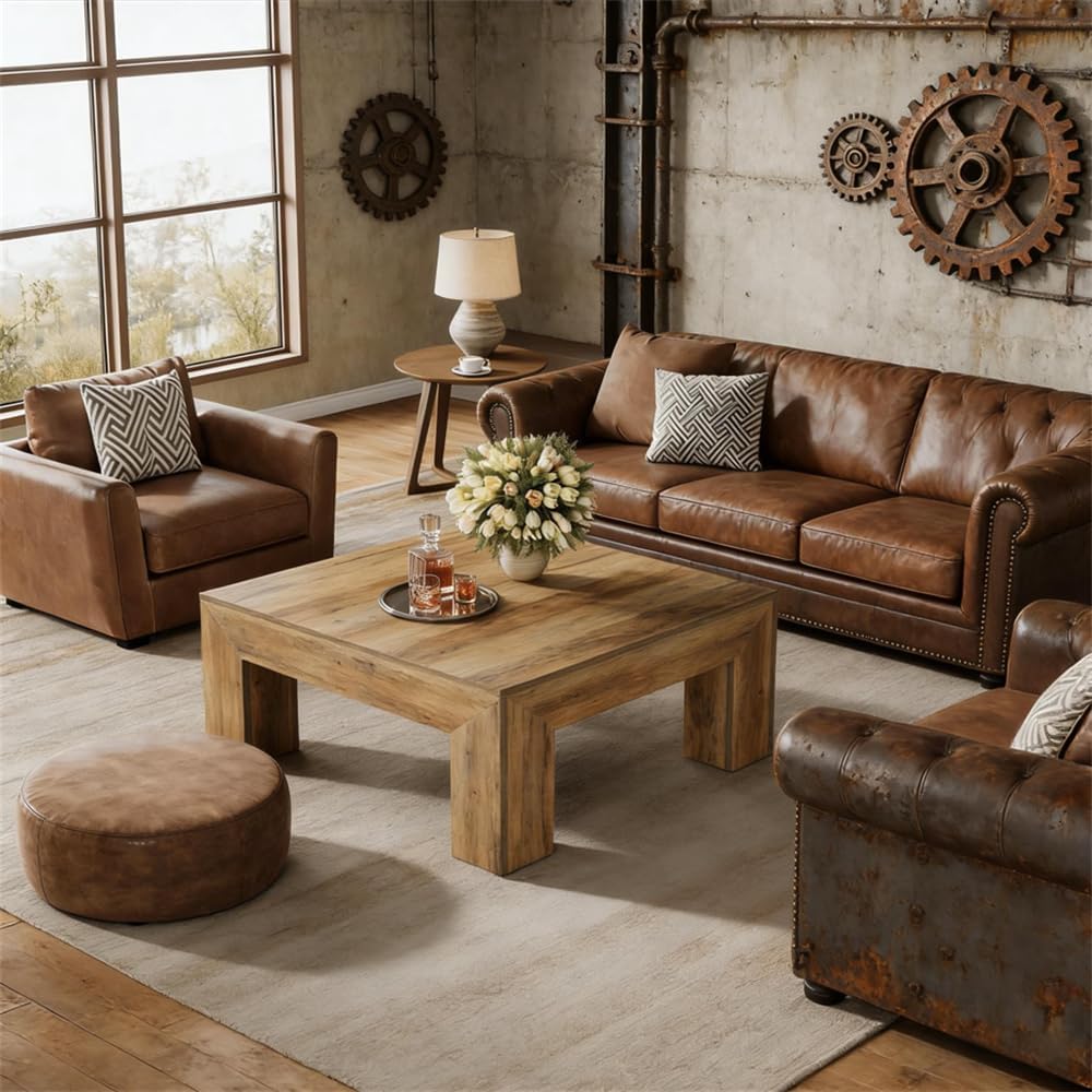 SSLine Wooden Coffee Table 39.4-Inch Square Coffee Table for Living Room,Farmhouse MDF Wood Cocktail Center Tables with Thicken Top and Sturdy Legs,Rustic Brown