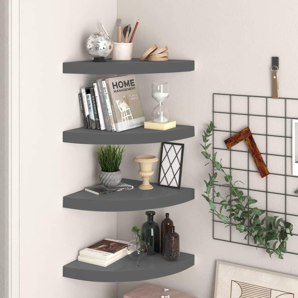 Corner Floating Shelf Set of 4, High Gloss Grey Honeycomb MDF Wood, Triangular Wall Mounted Display Shelves for Living Room Decor, Bedroom, Home Office