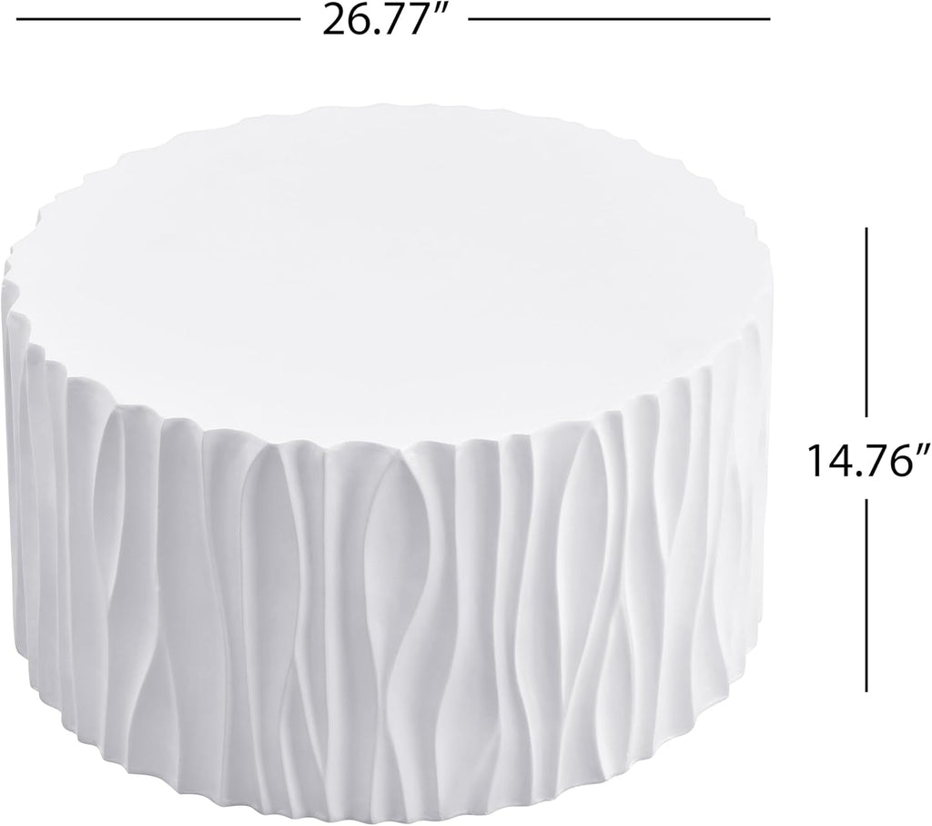 WILLIAMSPACE 26.77' Round Coffee Table with Wavy Fluted for Indoor & Outdoor, Modern Travertine Drum Center Table for Living Room, Faux Marble Stone Tea Table, Magnesium Oxide, No Assembly, White