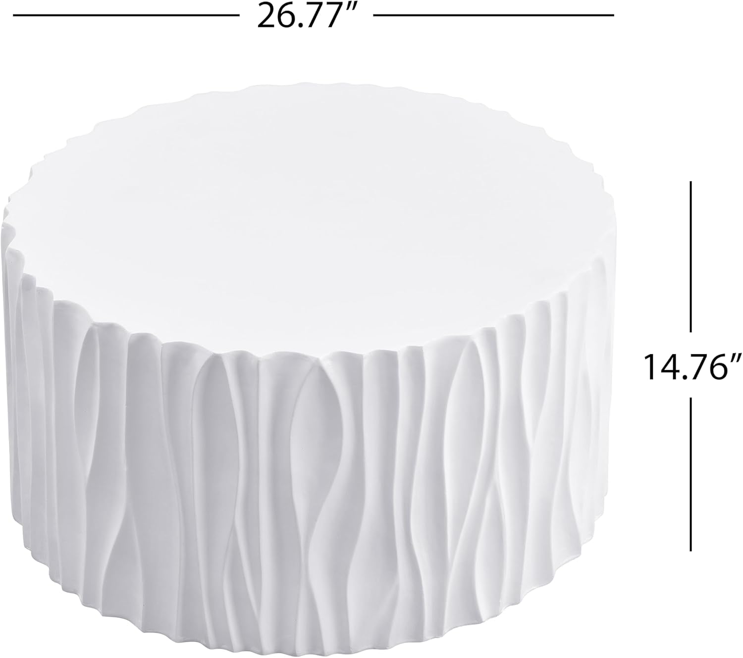 WILLIAMSPACE 26.77' Round Coffee Table with Wavy Fluted for Indoor & Outdoor, Modern Travertine Drum Center Table for Living Room, Faux Marble Stone Tea Table, Magnesium Oxide, No Assembly, White