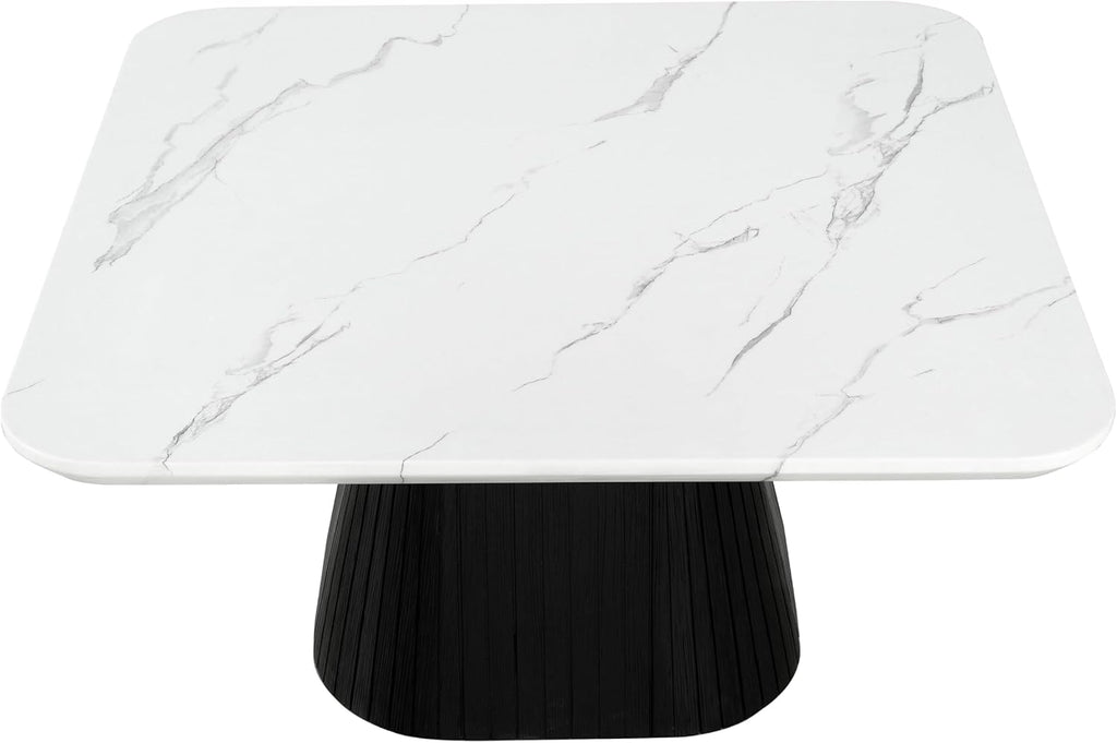 Furniture of America Coraly Modern 36-inch Square Coffee Table with High Gloss Faux Marble Top and Fluted Pedestal Base for Small Space, Living Room, Home Office, Black and White