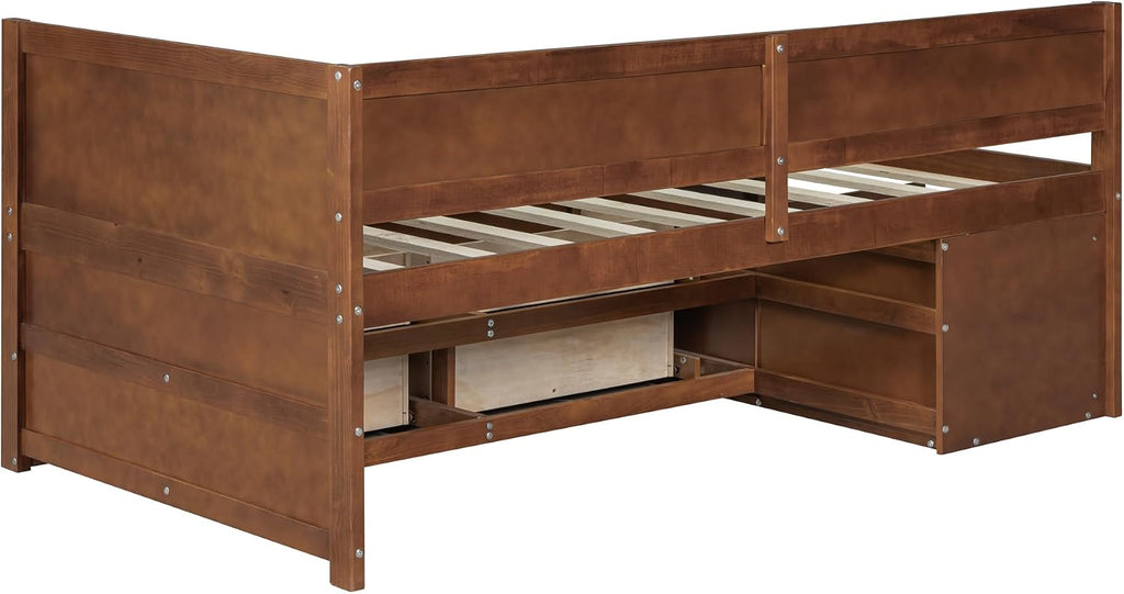 Twin Size Daybed with Storage Drawers and Shelves,Wooden L-Shaped Corner Day Bed with Headboard & Bookcase for Boys,Girls,Small Room, Guest Room, kids'Room,Walnut