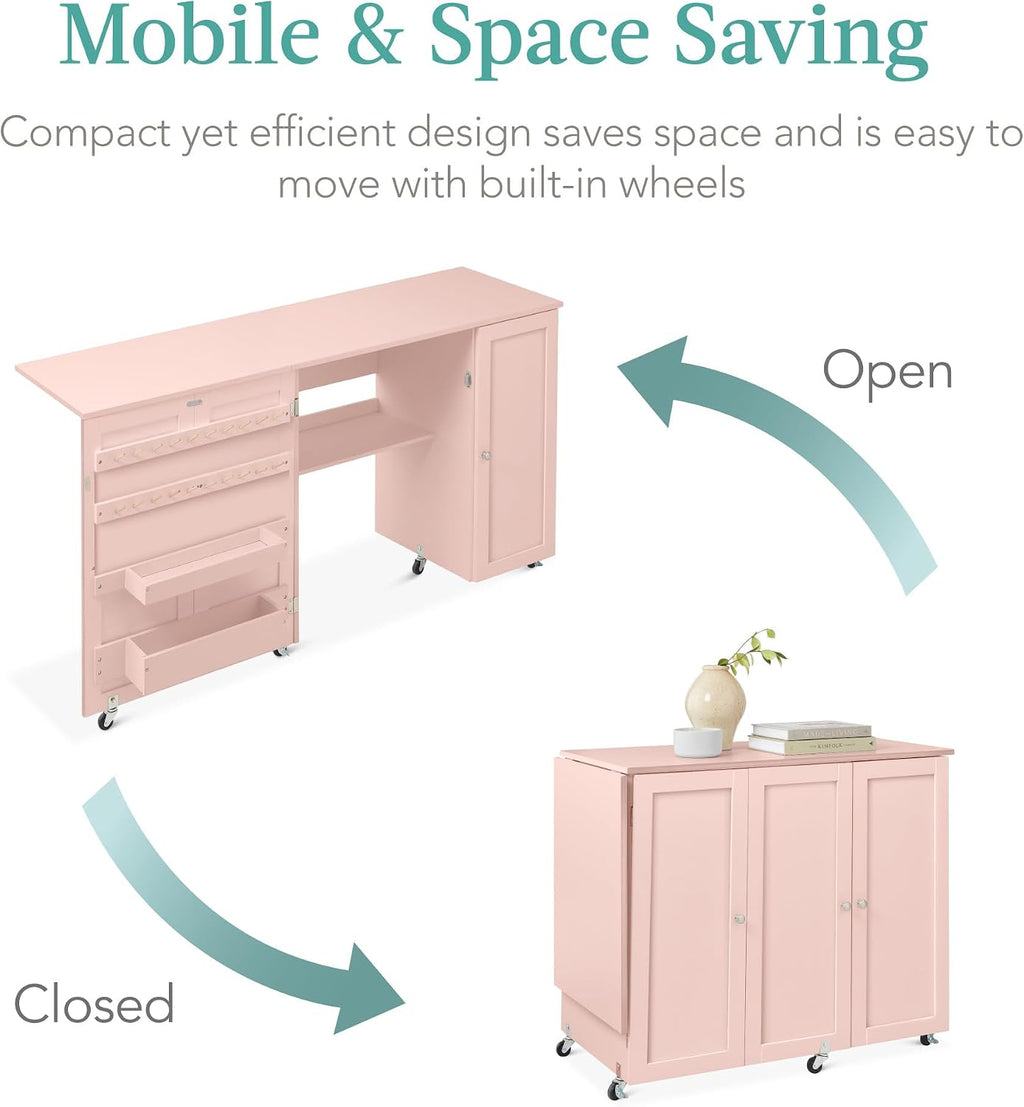 Best Choice Products Large Folding Sewing Table, Multipurpose Portable Craft Station & Side Desk w/Compact Design, Caster Wheels, Storage Shelves, 2 Storage Trays, Magnetic Doors - Pink