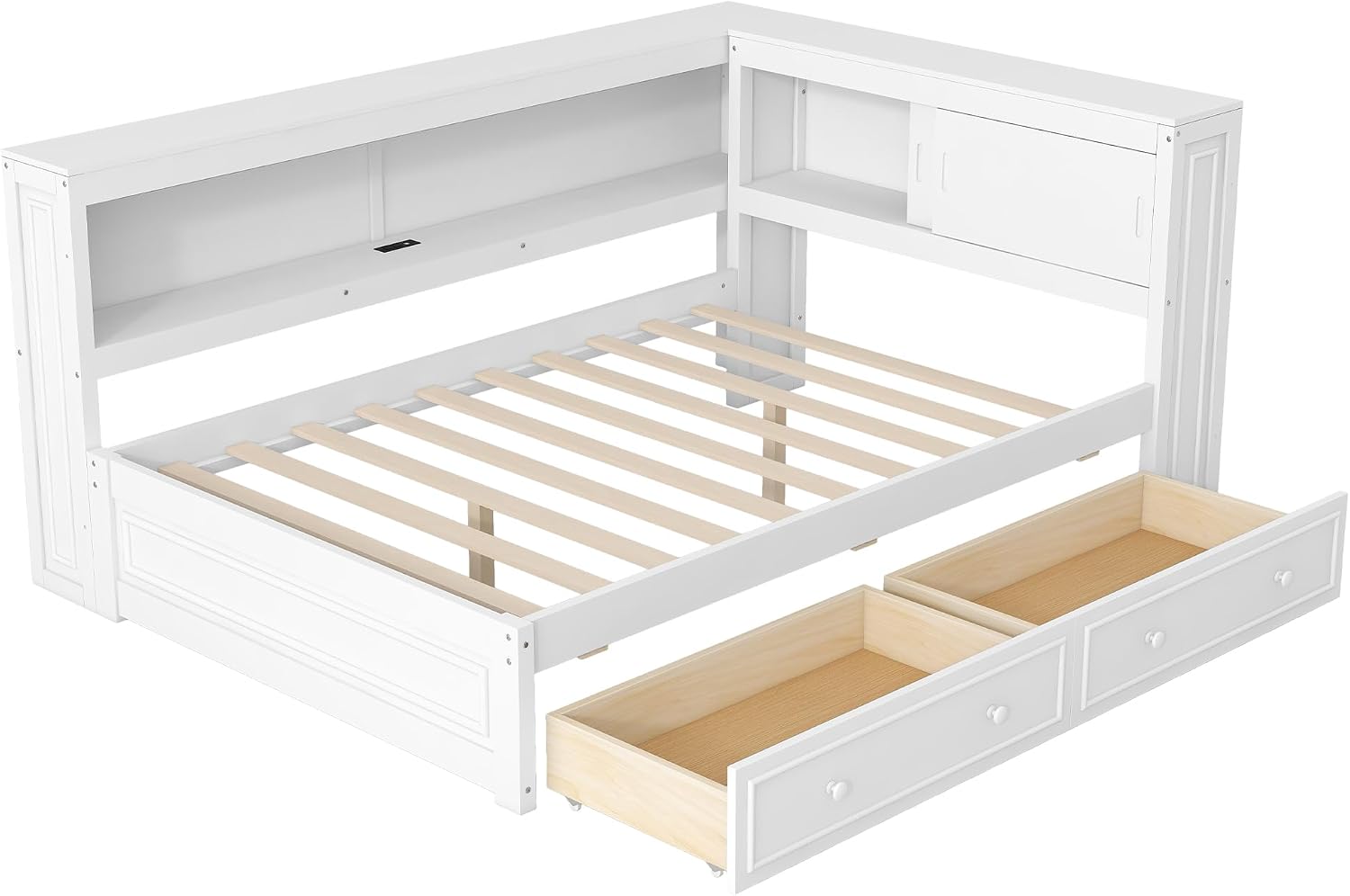 Full Size Daybed with Storage Drawers & Shelves,L-Shape Daybed with USB Charging Station & LED Light Strip for Kids Teens Adults,Wooden Corner Bed Frame with Slat Support for Bedroom,Guest Room,White