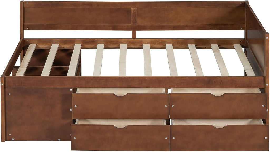 Twin Size Daybed with Storage Drawers and Shelves,Wooden L-Shaped Corner Day Bed with Headboard & Bookcase for Boys,Girls,Small Room, Guest Room, kids'Room,Walnut